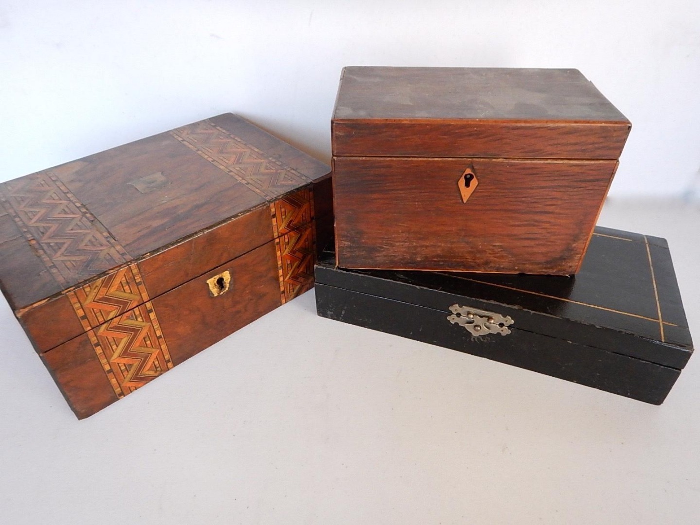 Appraisal: A Victorian Tunbridge Ware walnut sewing box a tea caddy