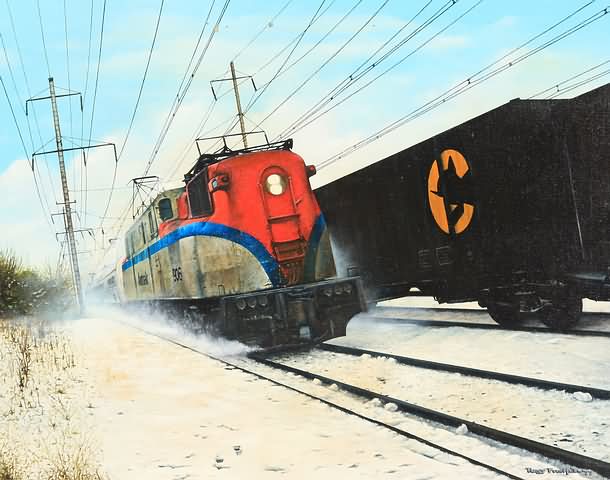 Appraisal: Amtrak train on tracks wintertime oil on canvas board x