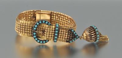 Appraisal: A Victorian Gold and Turquoise Bracelet Yellow gold mesh bracelet