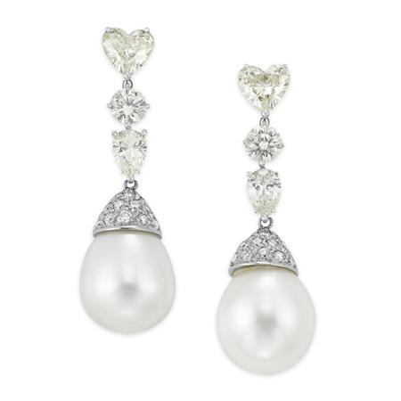 Appraisal: Pair of Diamond and Cultured Pearl Pendant-Earrings Estimate -