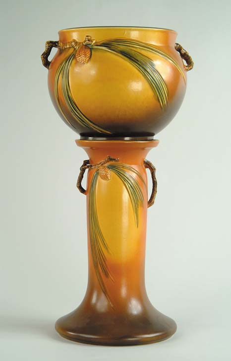 Appraisal: ROSEVILLE POTTERY TWO-PART JARDINIERE ON STAND IN THE PINE CONE