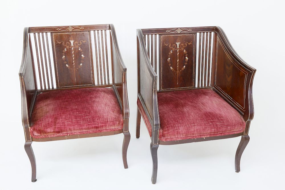 Appraisal: Pair of Edwardian Inlaid Mahogany Tub Chairs Exclusive on Bidsquare