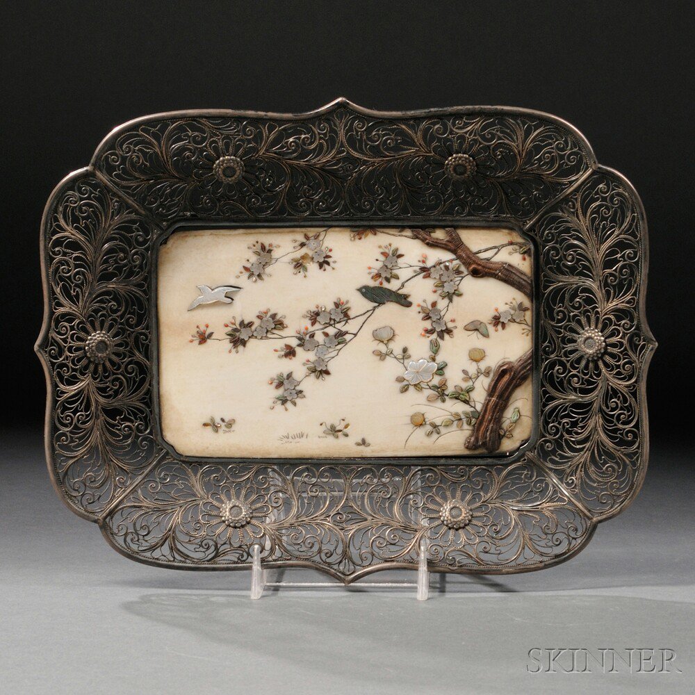 Appraisal: Shibayama Ivory Tray with Silver Filigree Japan th th century