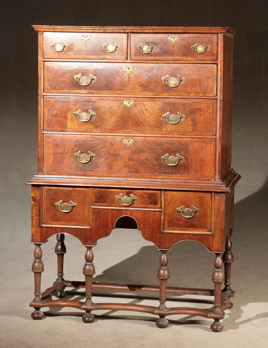 Appraisal: William and Mary Feather Crossbanded Walnut and Maple Chest-on-Stand New