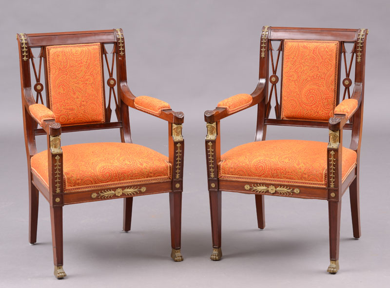 Appraisal: Pair of Empire Style Bronze-Mounted Mahogany Fauteuils La Reine Each