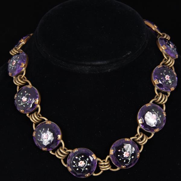 Appraisal: Bohemian Czech s Hand painted Enamel Floral Amethyst Crystal Necklace