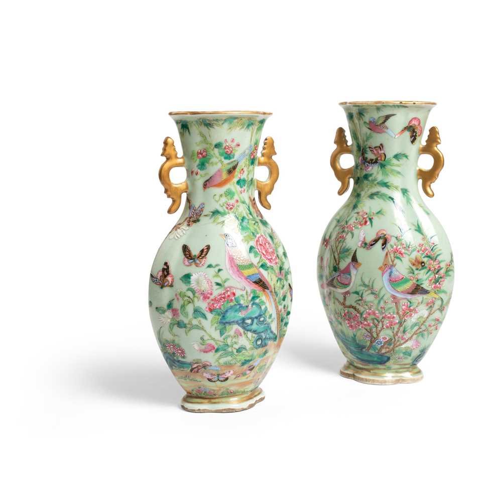 Appraisal: LARGE PAIR OF FAMILLE ROSE CELADON GROUND VASES QING DYNASTY