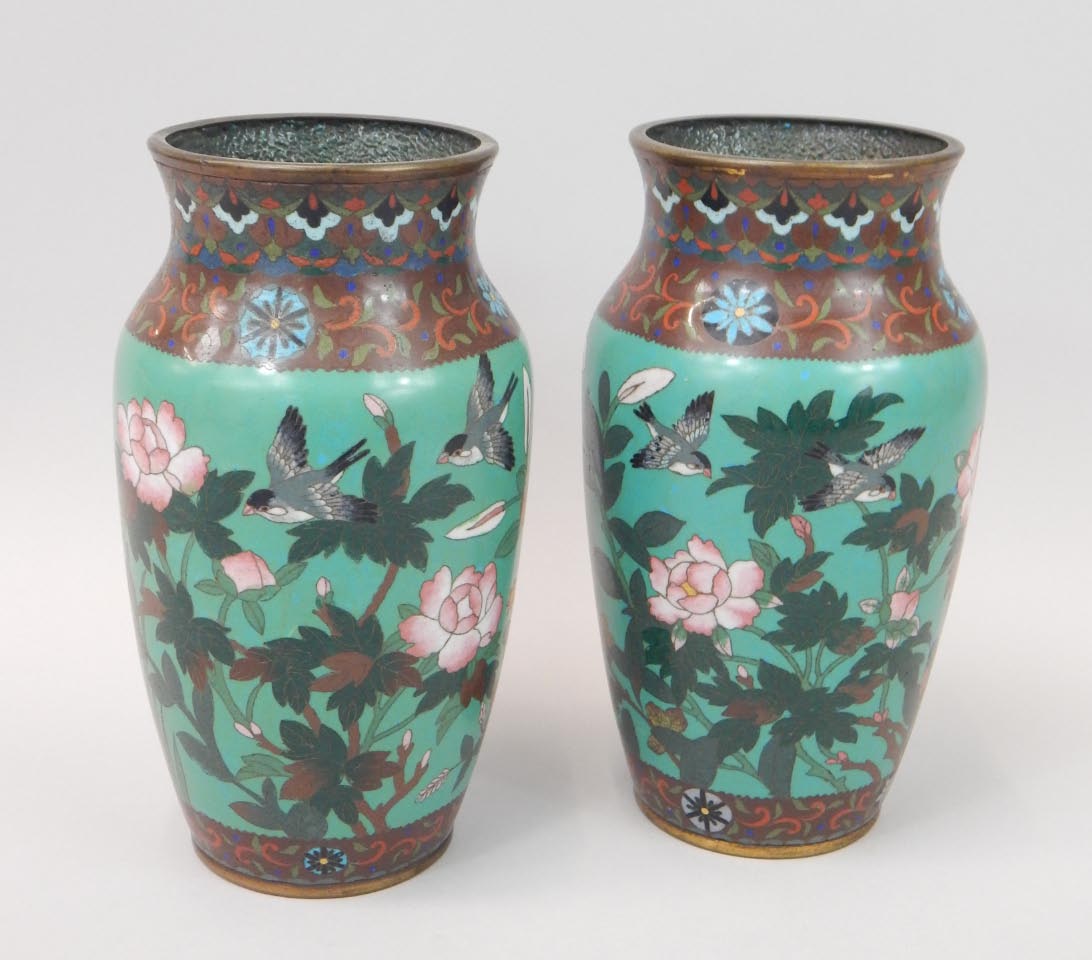 Appraisal: A pair of Japanese cloisonne vases each decorated with birds