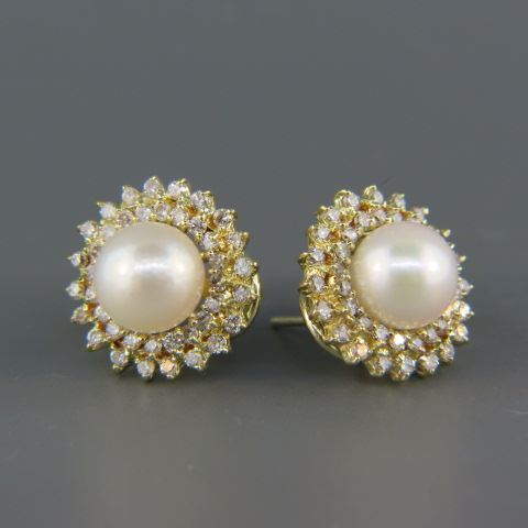 Appraisal: Pearl Diamond Earrings mm pearls surrounded by a total of