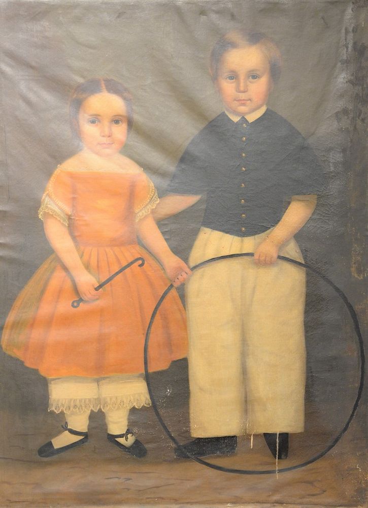 Appraisal: Primitive Portrait of brother and sister oil on canvas manner