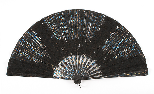 Appraisal: SUPERB BLACK LACE SEQUINED NETTING AND WOOD FOLDING FAN Late