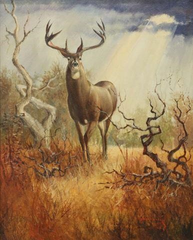 Appraisal: Framed oil on canvas painting Stag in Breaking Sunlight signed