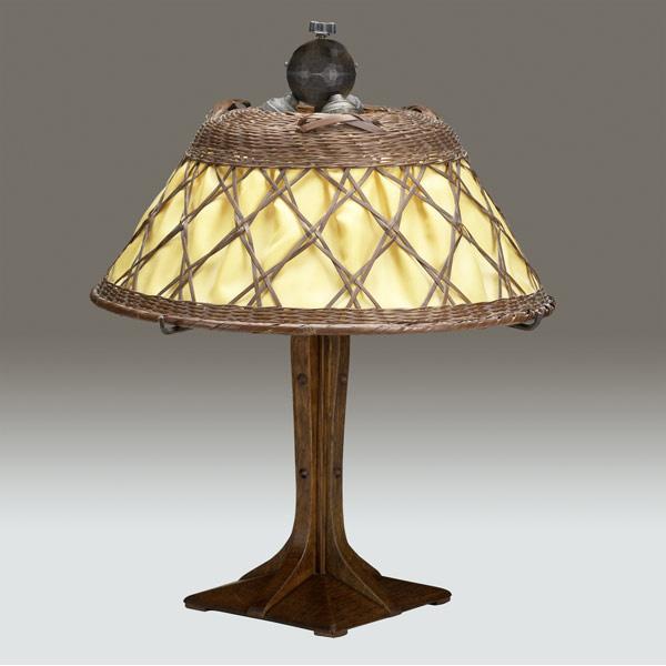 Appraisal: GUSTAV STICKLEY Table lamp no with four riveted corbels on