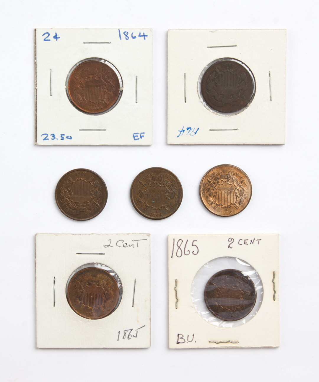 Appraisal: Seven U S Shield type two-cent pieces -' comprising three