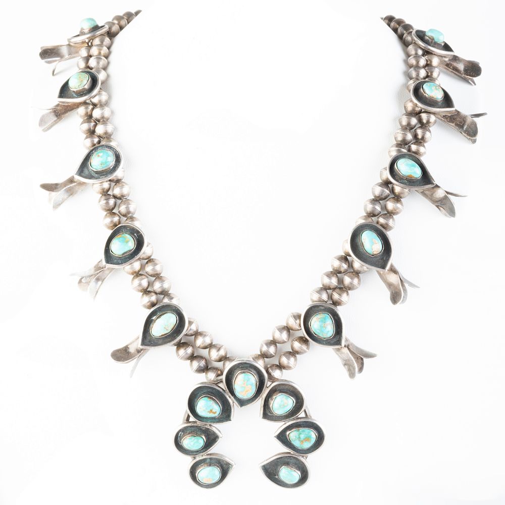 Appraisal: Navajo Silver and Turquoise Squash Blossom Necklace in Condition Overall