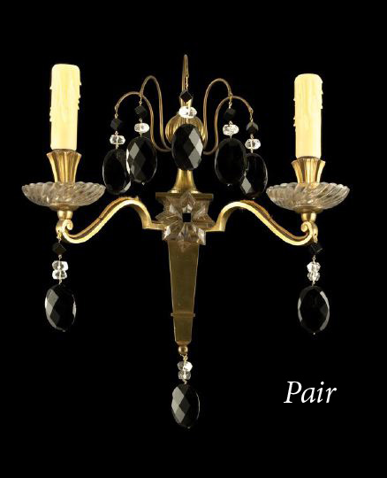 Appraisal: Pair of French Brass Glass Onyx and Quartz Two-Light Appliques