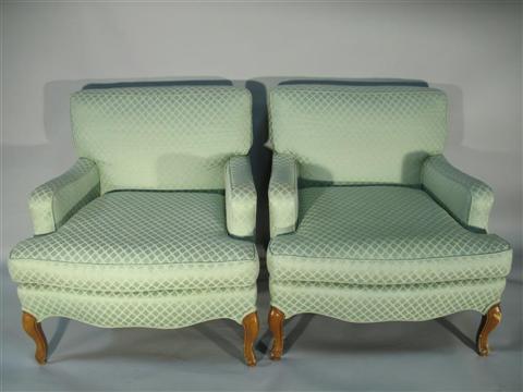 Appraisal: PAIR OF PALE GREEN UPHOLSTERED ARMCHAIRS th century the loose