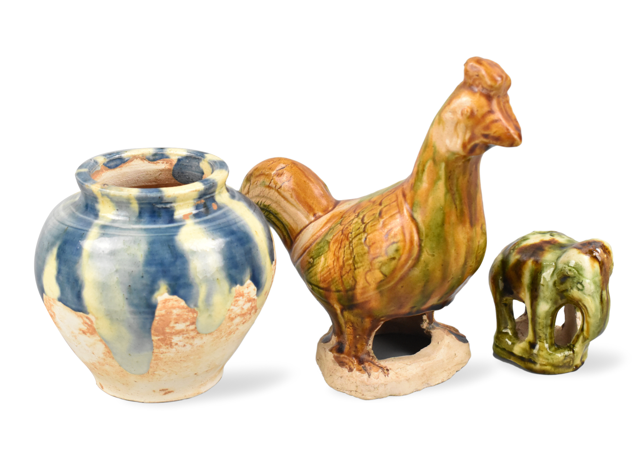 Appraisal: Three Chinese sancai glazed objects a jar a chicken and