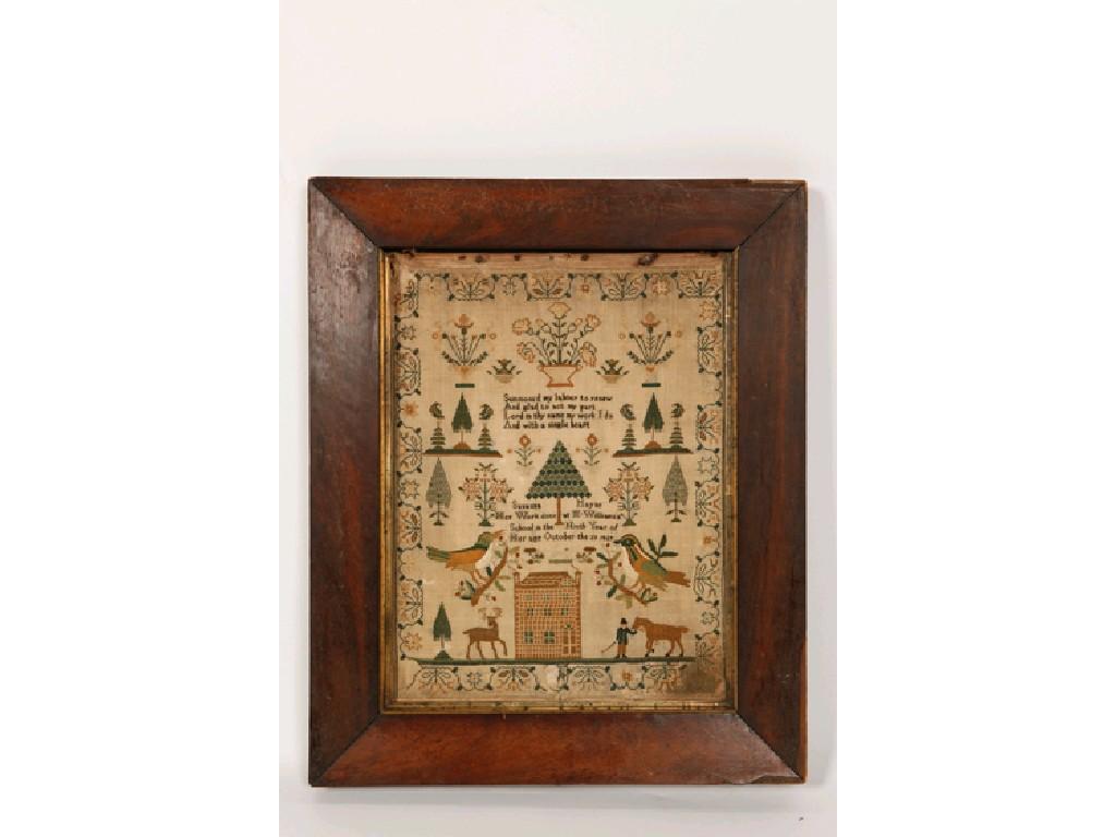 Appraisal: A NEAR PAIR OF NEEDLEWORK SAMPLERS worked with a building