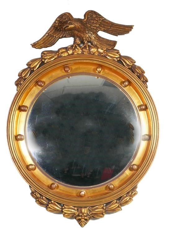 Appraisal: Antique American Federal style convex mirror in giltwood frame with