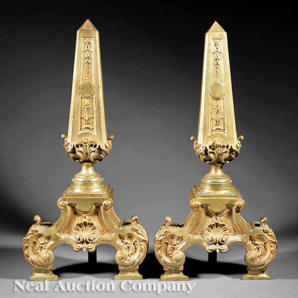 Appraisal: A Pair of Louis XVI-Style Bronze Chenets th c paneled