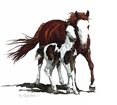 Appraisal: Bev Doolittle Present Pinto Mare and Foalwatercolor on paper x