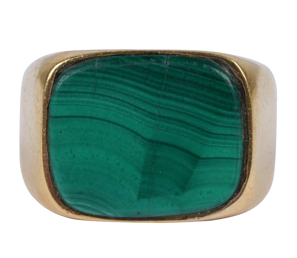 Appraisal: KARAT YELLOW GOLD MALACHITE RINGcentering one rectangular cushion shape tablet-cut