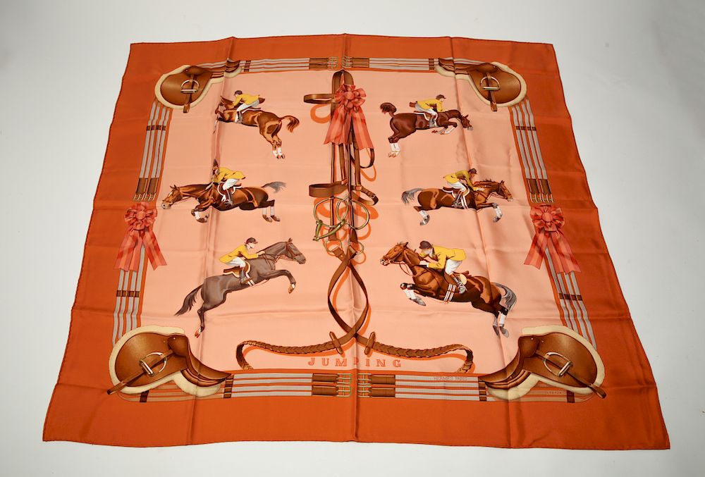 Appraisal: Hermes Jumping Silk Scarf Hermes silk scarf Jumping original design