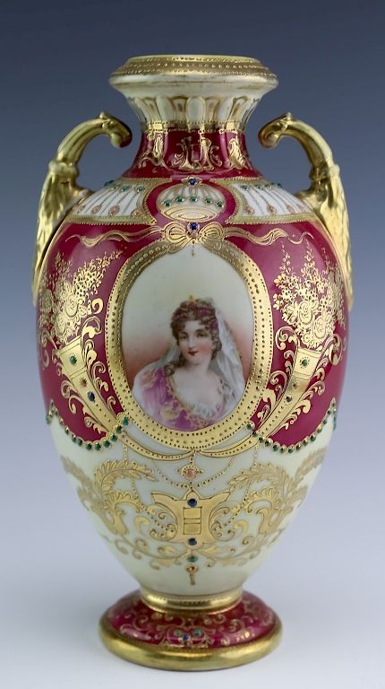 Appraisal: Japanese Nippon Moriage Enamel Gilt Portrait Vase Antique Nippon porcelain