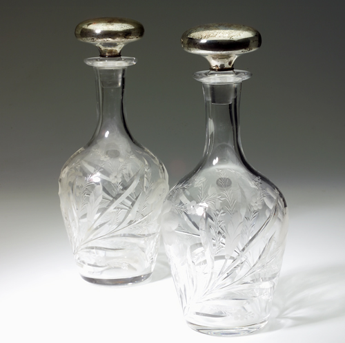 Appraisal: Pair of Hawks cut glass decanters with iris design and