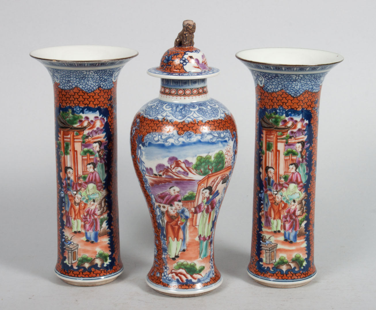 Appraisal: Contemporary Chinese Export porcelain garniture in the Mandarin palette comprising