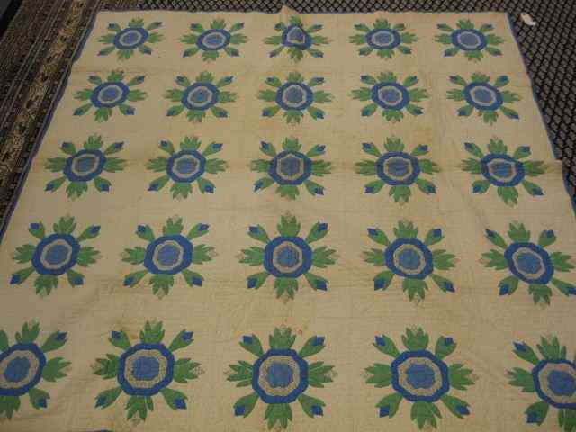 Appraisal: Antique Handmade Quilt floral in blue in green '' square