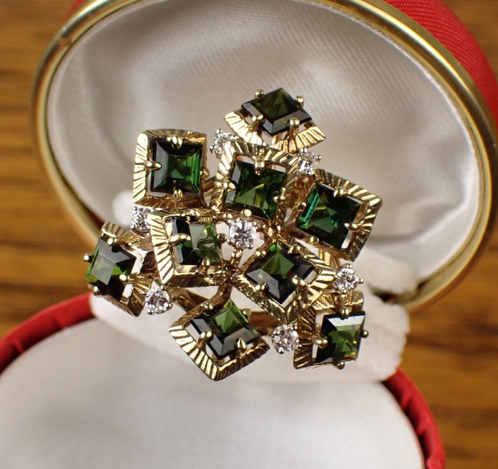 Appraisal: GREEN TOURMALINE DIAMOND AND FOURTEEN KARAT GOLD RING The large