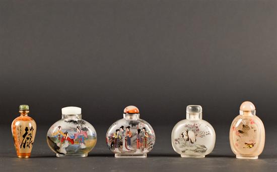 Appraisal: Five Inside Painted Glass Snuff Bottles in varying sizes and