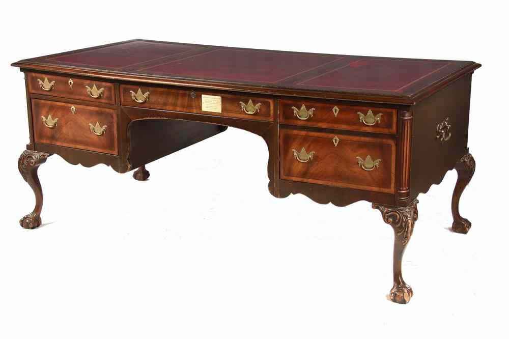 Appraisal: MAHOGANY PARTNERS DESK - Custom Mahogany Leather Top Chippendale Style