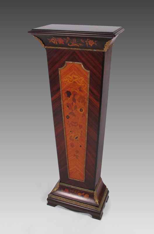 Appraisal: MARQUETRY INLAY PEDESTAL Floral garland and ribbon designs Gilded metal