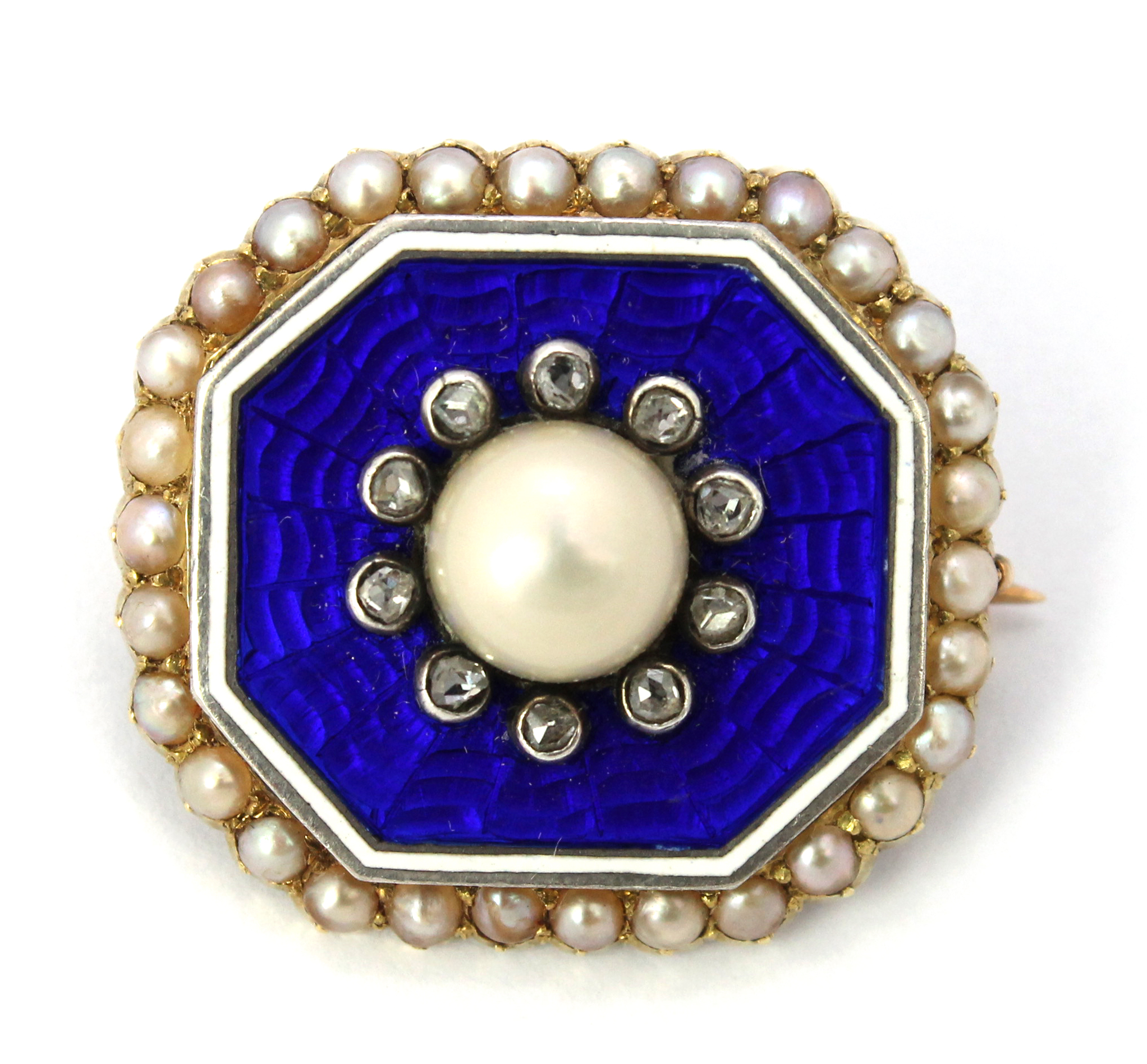 Appraisal: A gold rose diamond half pearl set and enameled brooch