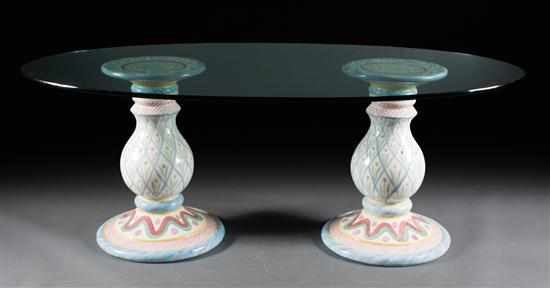 Appraisal: MacKenzie-Childs painted ceramic double pedestal glass-top dining table pedestals with