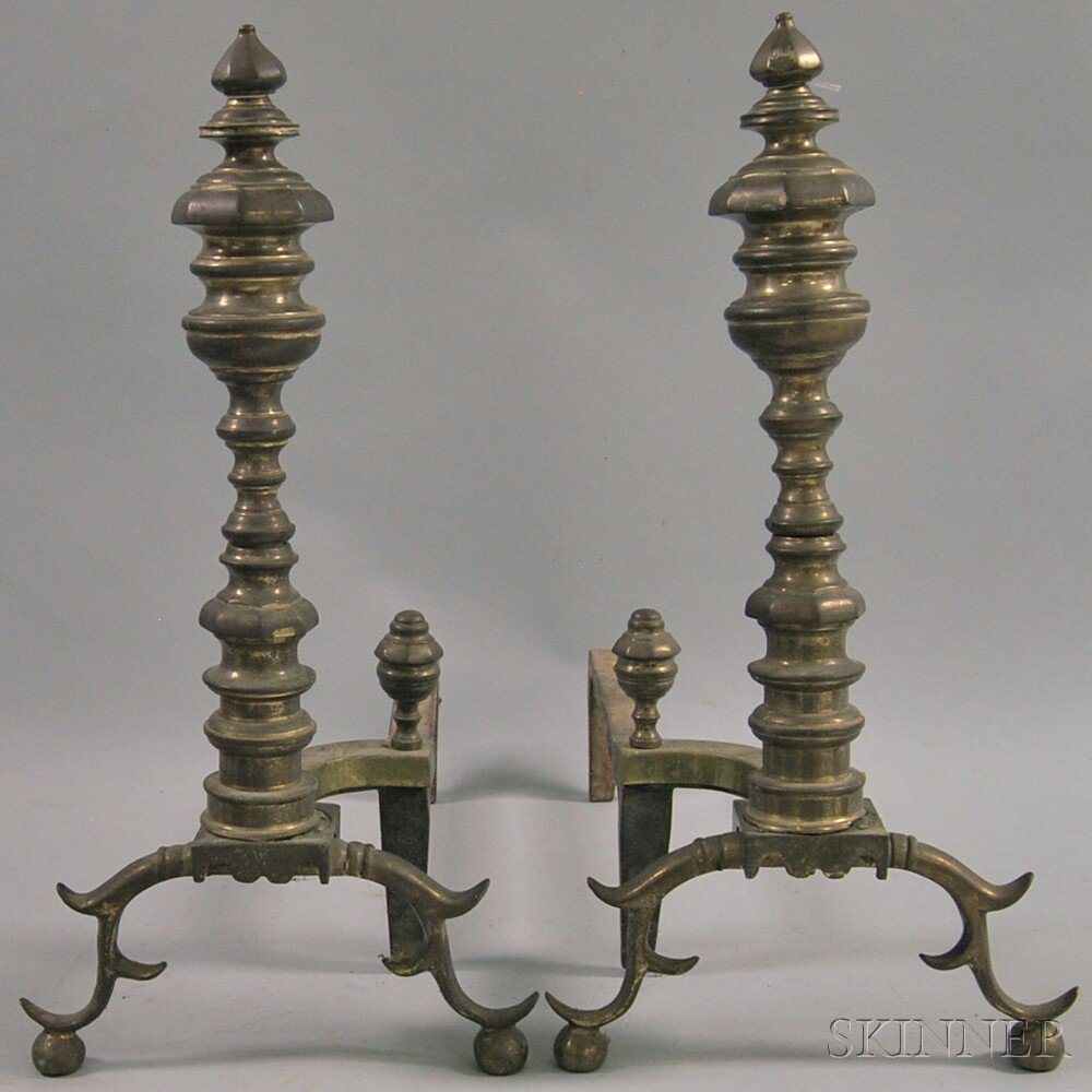 Appraisal: Pair of Brass Ring-turned Andirons th century ht wd dp