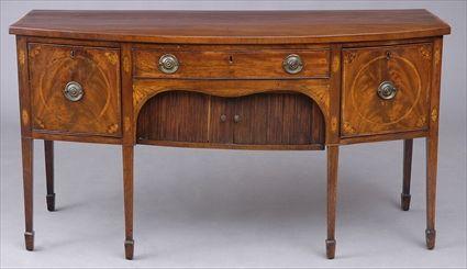 Appraisal: GEORGE III INLAID MAHOGANY BOW-FRONTED SIDEBOARD The cross-banded top above