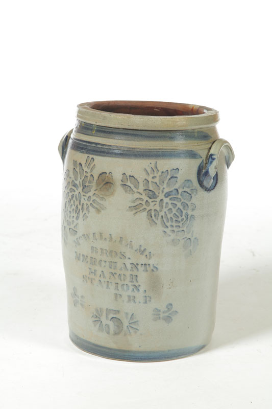 Appraisal: STONEWARE CROCK Western Pennsylvania rd quarter- th century Stenciled cobalt