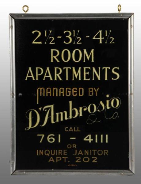 Appraisal: Reverse-on-Glass D'Ambrosio Co Apartments Sign Description Circa to Includes original