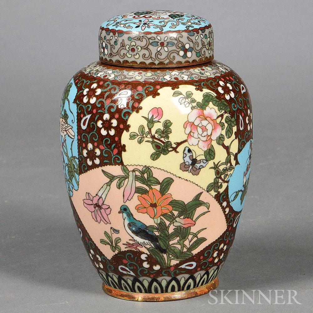 Appraisal: Cloisonne Covered Vase Japan th th century decorated with fan-shaped