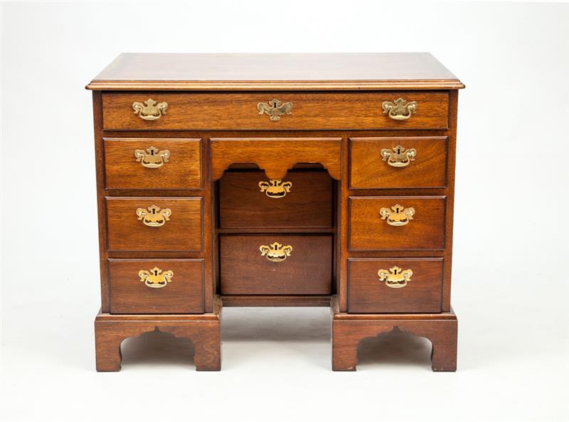 Appraisal: George III Style Mahogany Kneehole Desk Stamped 'Kindel Factory' x