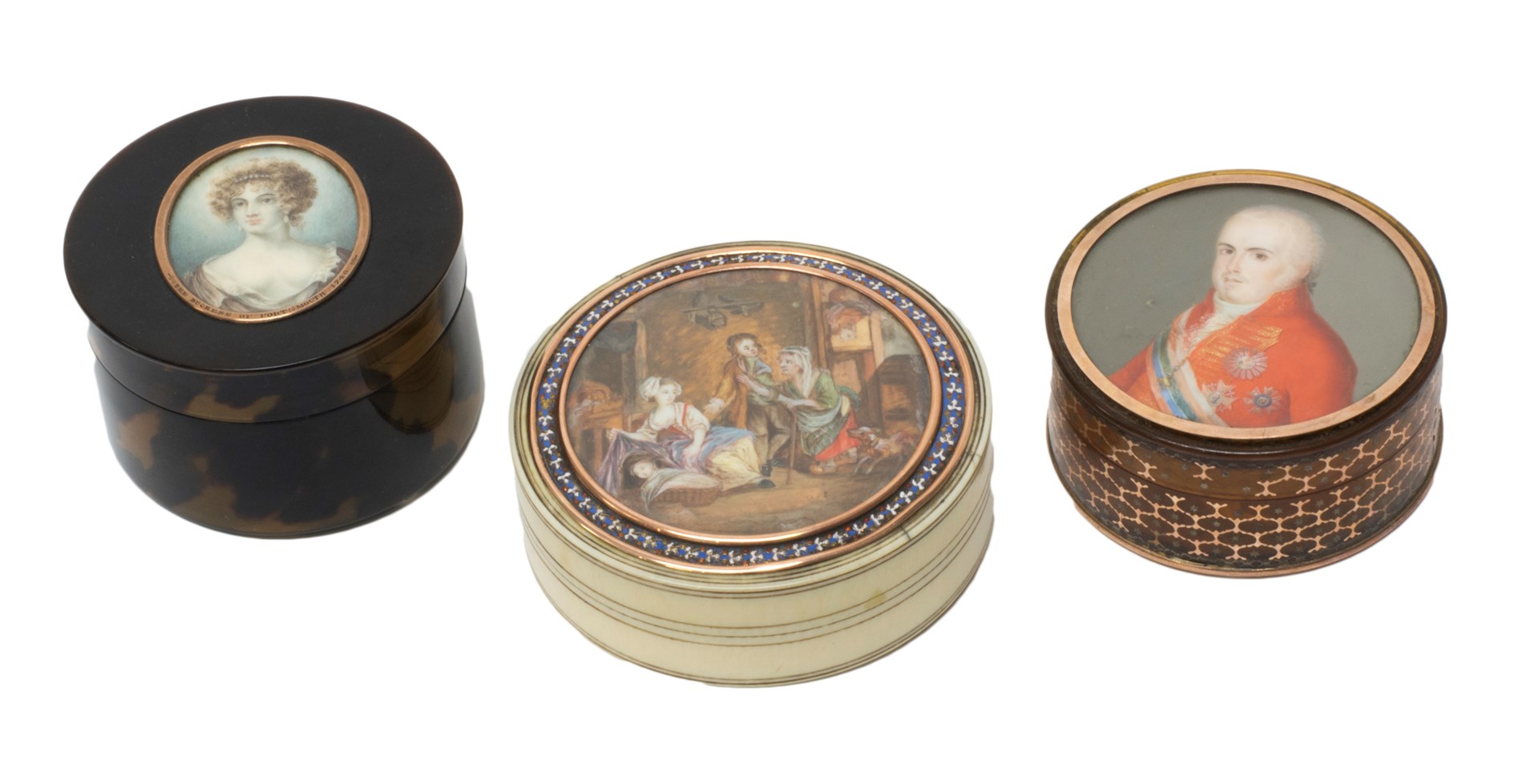 Appraisal: A group of three circular snuff boxes inset with portrait