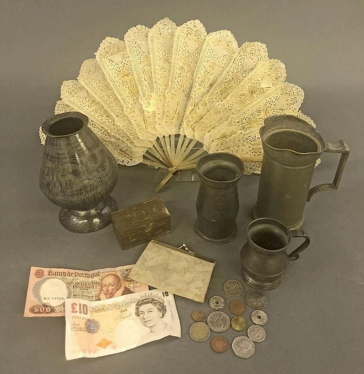 Appraisal: Three Pewter Measures Hand Fan etc Miscellaneous grouping of items