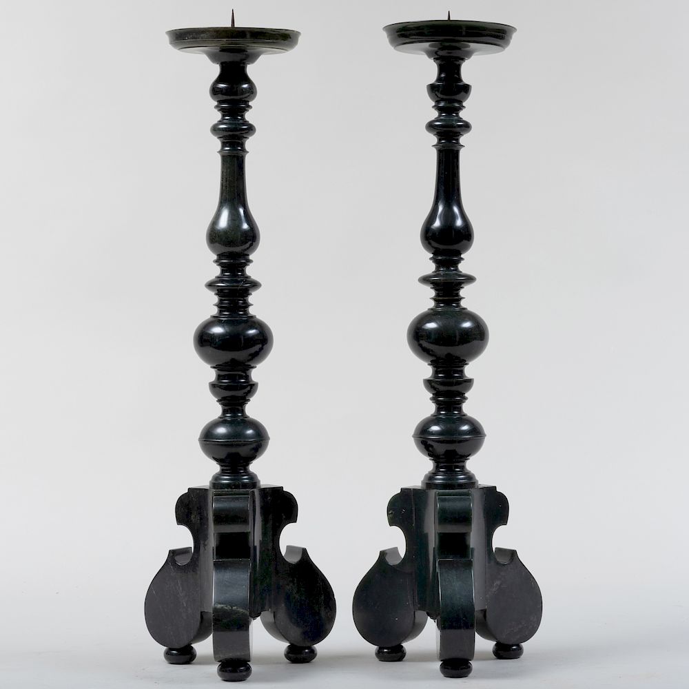 Appraisal: Jade and Marble Pricket Stands x x in Condition Natural