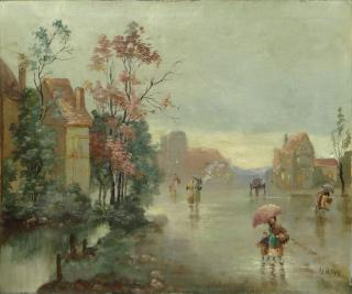 Appraisal: th Century Oil on Canvas Springtime Walk in the Rain