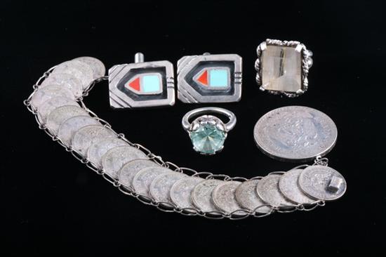 Appraisal: FIVE PIECES SILVER JEWELRY Including Mexican -coin flexible link bracelet