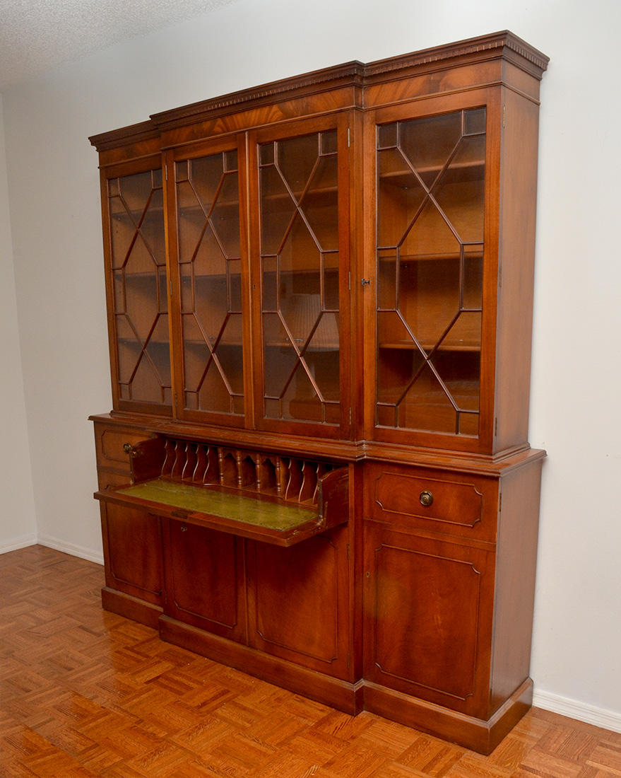 Appraisal: ENGLISH MAHOGANY BREAKFRONT SECRETARY BOOKCASE Nicely figured mahogany veneer top